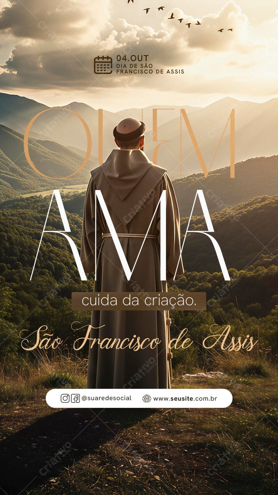 Flyer Vertical Dia de São Francisco de Assis Monge e Natureza PSD Editável