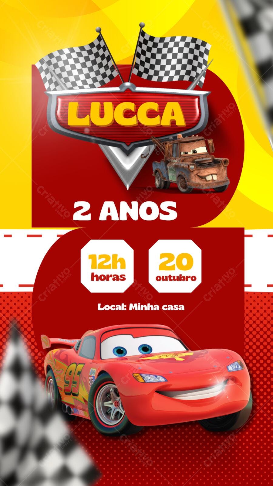 Convite aniversário infantil Carros McQueen e Mate corrida Editável no Canva