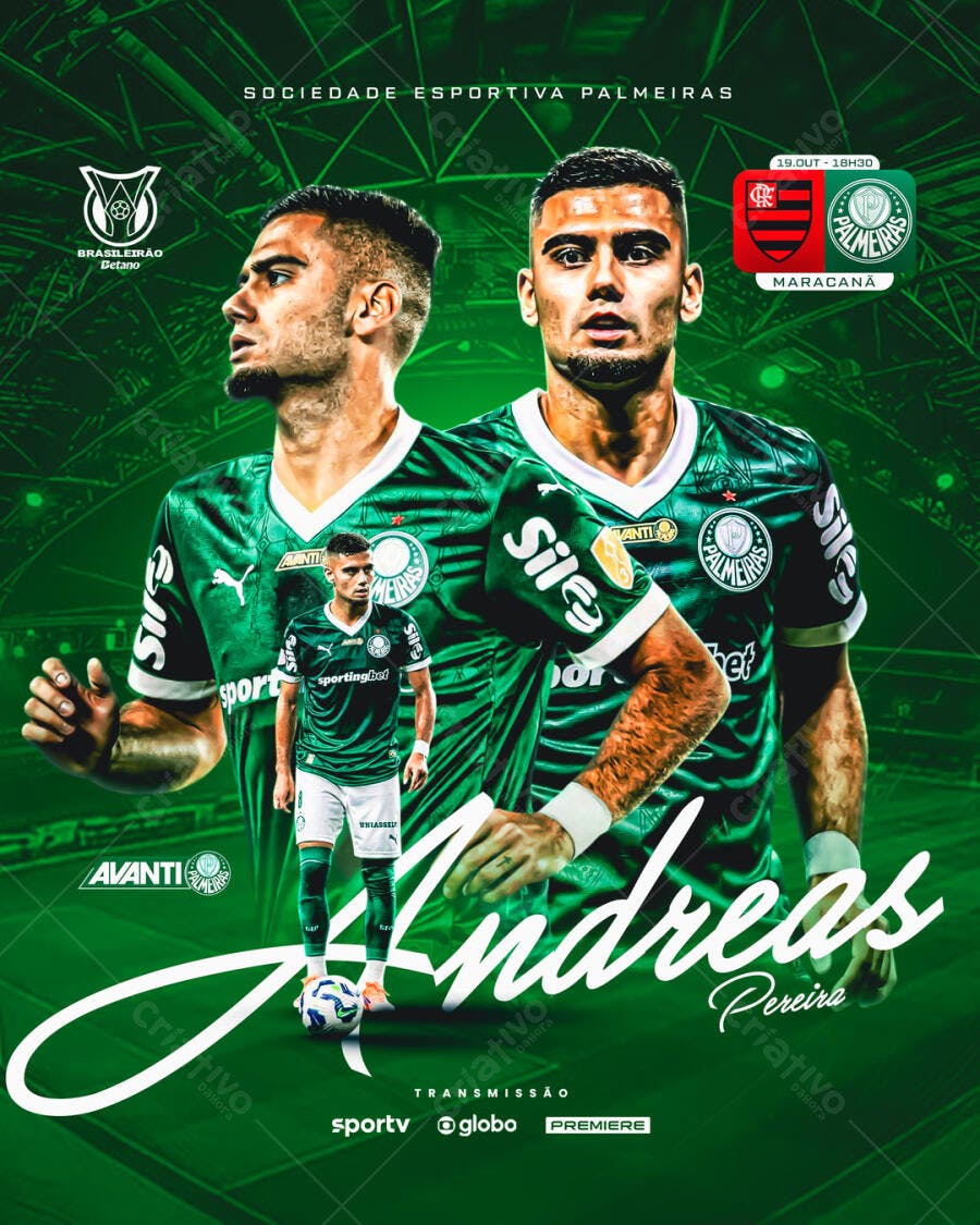 Flyer Jogo Brasileirao Palmeiras Flamengo com Andreas Pereira PSD Editável