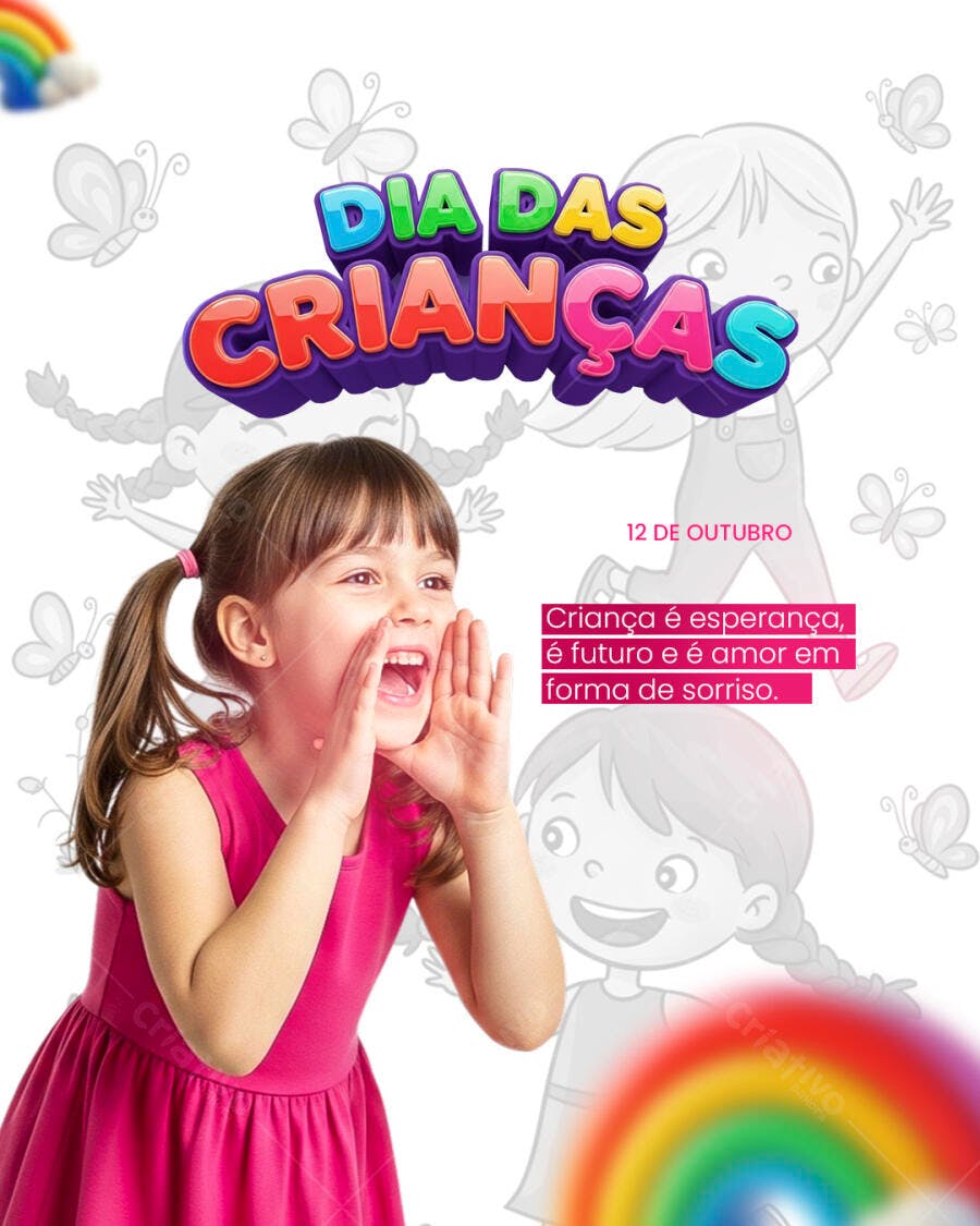 Flyer Dia das Crianças Menina Feliz Gritando Vestido Pink PSD Editável