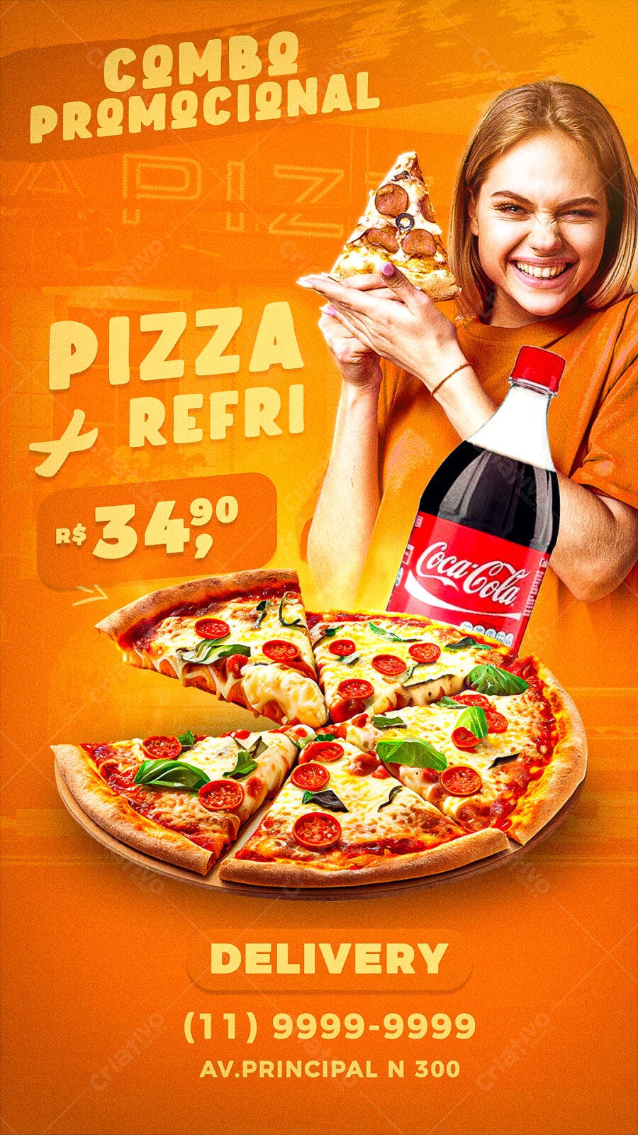 Flyer Digital Promoção Pizza Coca-Cola Mulher Sorrindo PSD Editável