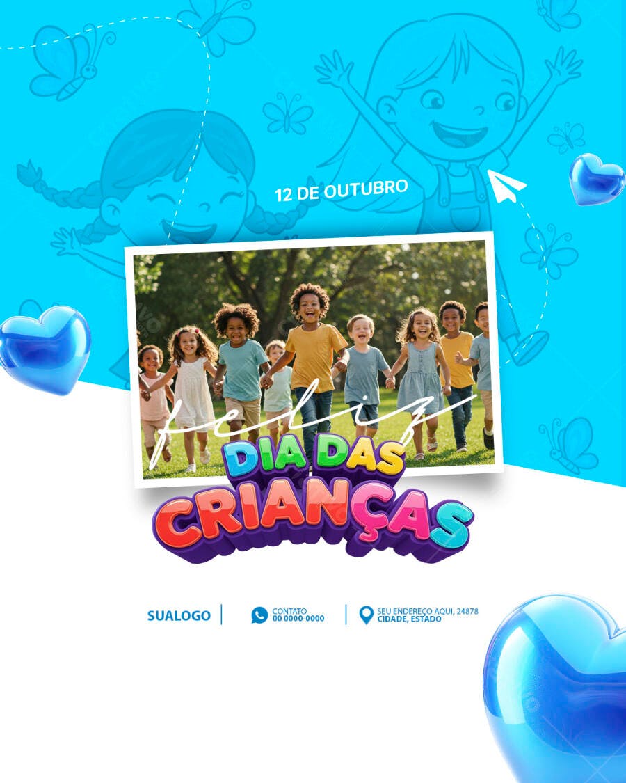 Flyer Dia das Crianças Azul com Crianças Brincando 12 de Outubro PSD Editável