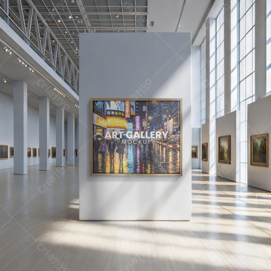 Mockup de Quadro em Galeria de Arte Moderna, Parede Branca e Piso de Madeira