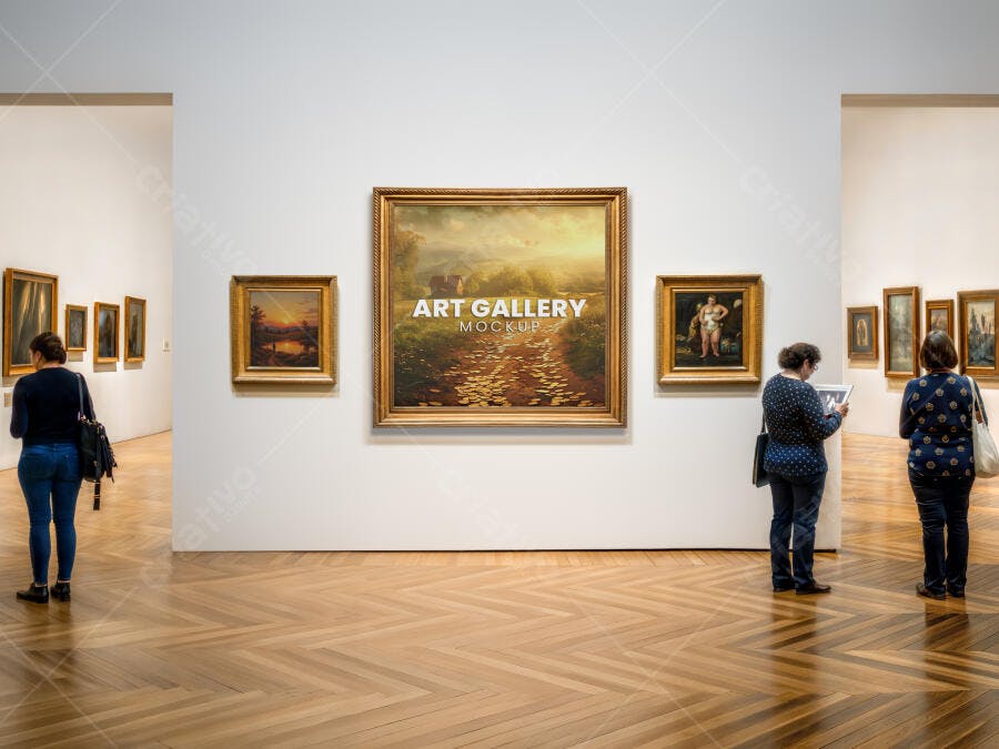 Mockup de Galeria de Arte com Quadros Dourados e Visitantes em Ambiente Moderno