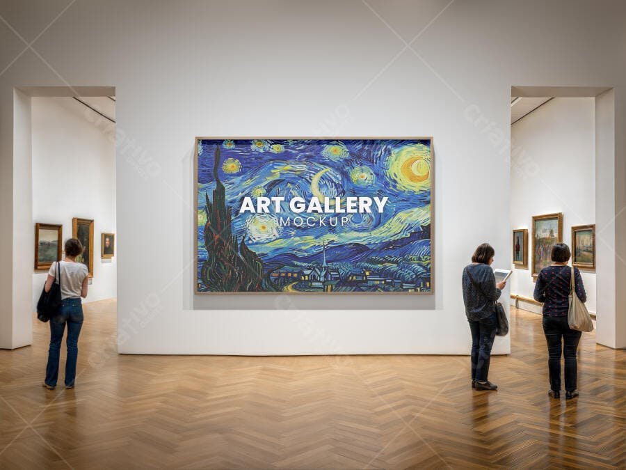 Mockup Realista de Quadro Moderno em Galeria de Arte com Visitantes