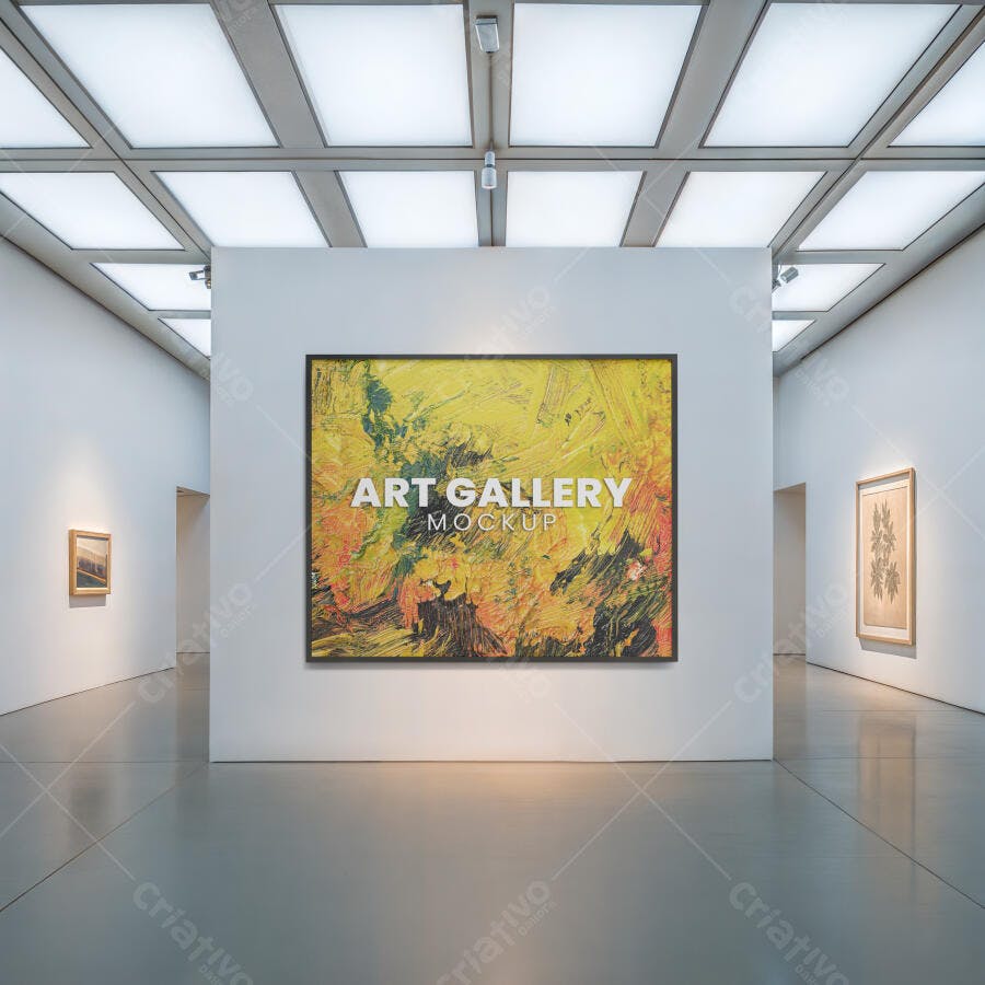Mockup Realista de Quadro em Galeria de Arte Minimalista com Iluminação Brilhante