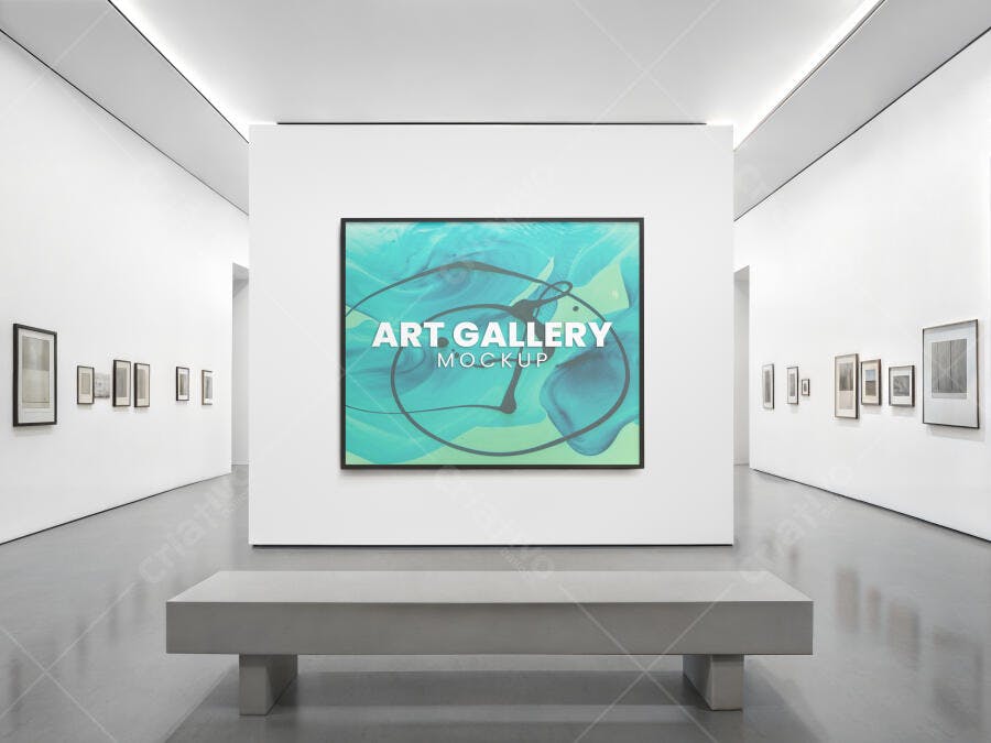 Mockup Quadro de Arte Moderno em Galeria Minimalista com Tons de Azul e Verde