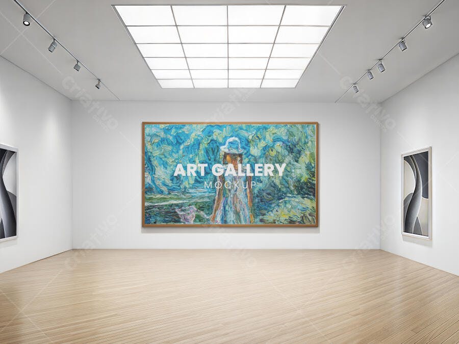 Mockup de Quadro Horizontal em Galeria de Arte Minimalista e Moderna Iluminada
