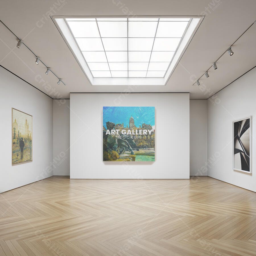 Mockup de Quadro em Galeria de Arte Minimalista Branca com Piso de Madeira.