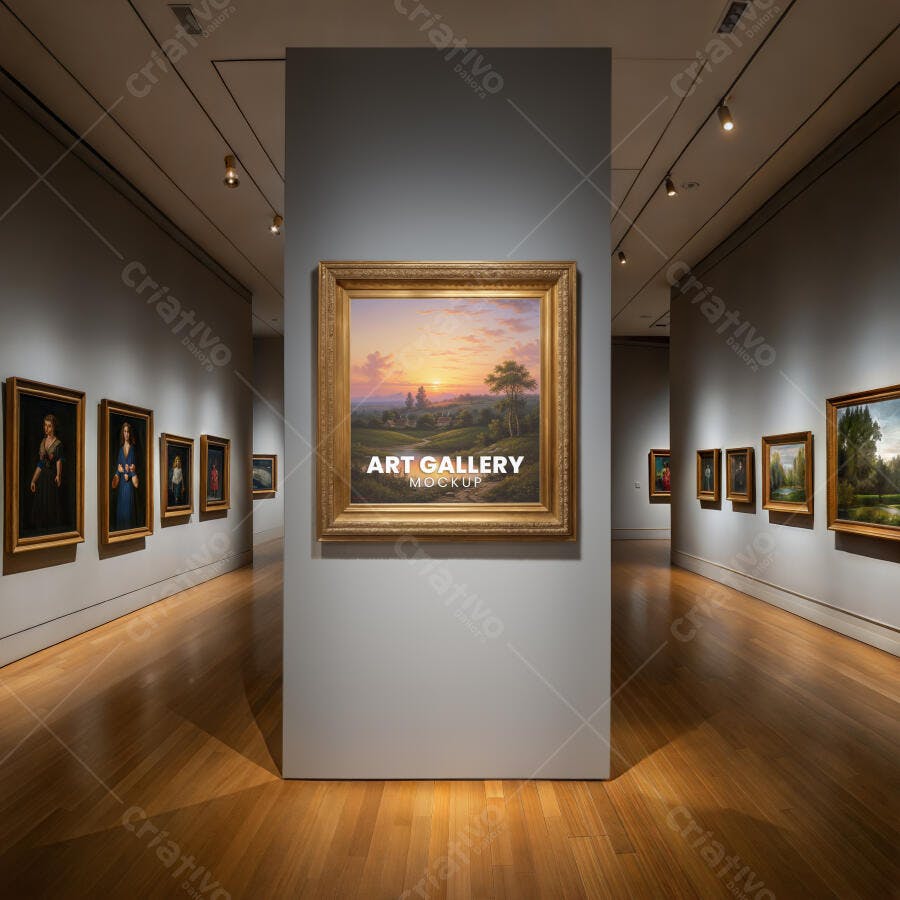 Mockup de Galeria de Arte Moderna com Quadro Dourado em Exposição Realista