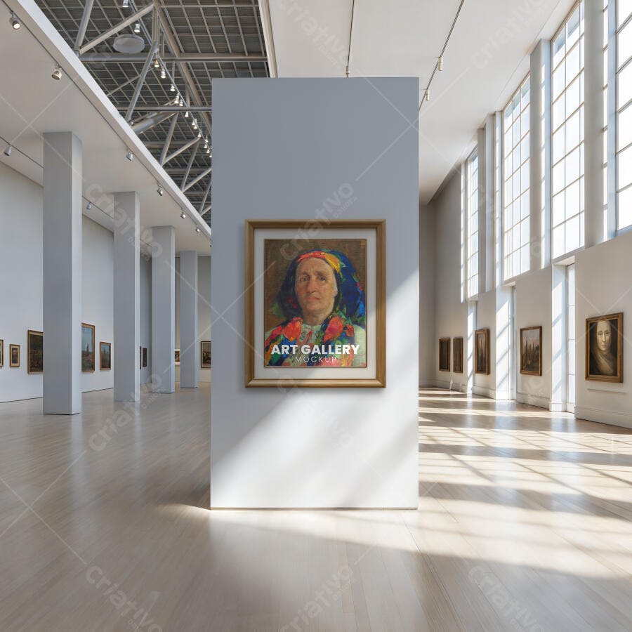 Mockup de Quadro de Arte em Galeria Moderna com Moldura de Madeira e Iluminação Natural