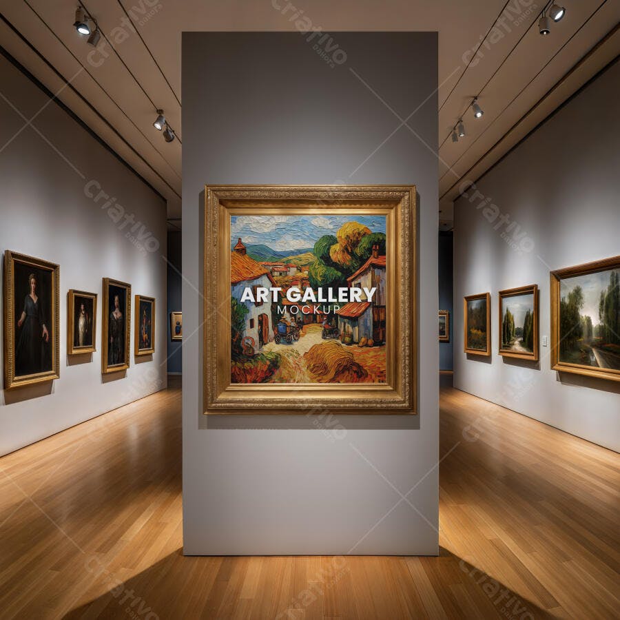 Mockup Realista de Quadro em Galeria de Arte Moderna com Moldura Dourada para Exposição