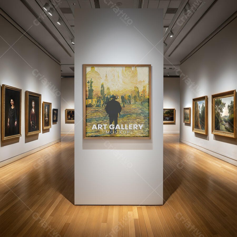 Mockup de Galeria de Arte com Quadro em Moldura Clássica e Piso de Madeira Claro