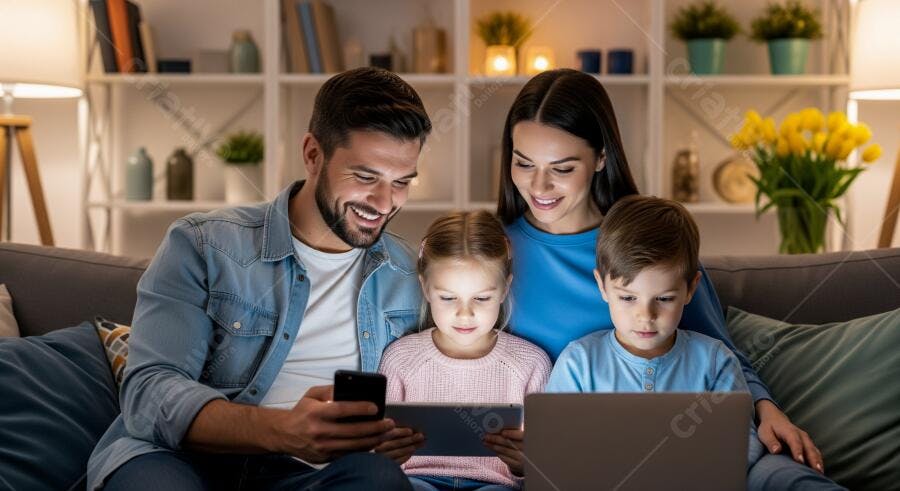 Família feliz assistindo conteúdo digital no sofá à noite com crianças e pais