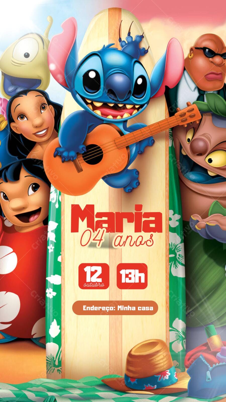 Convite de aniversário infantil Lilo e Stitch tema havaiano surf Editável no Canva