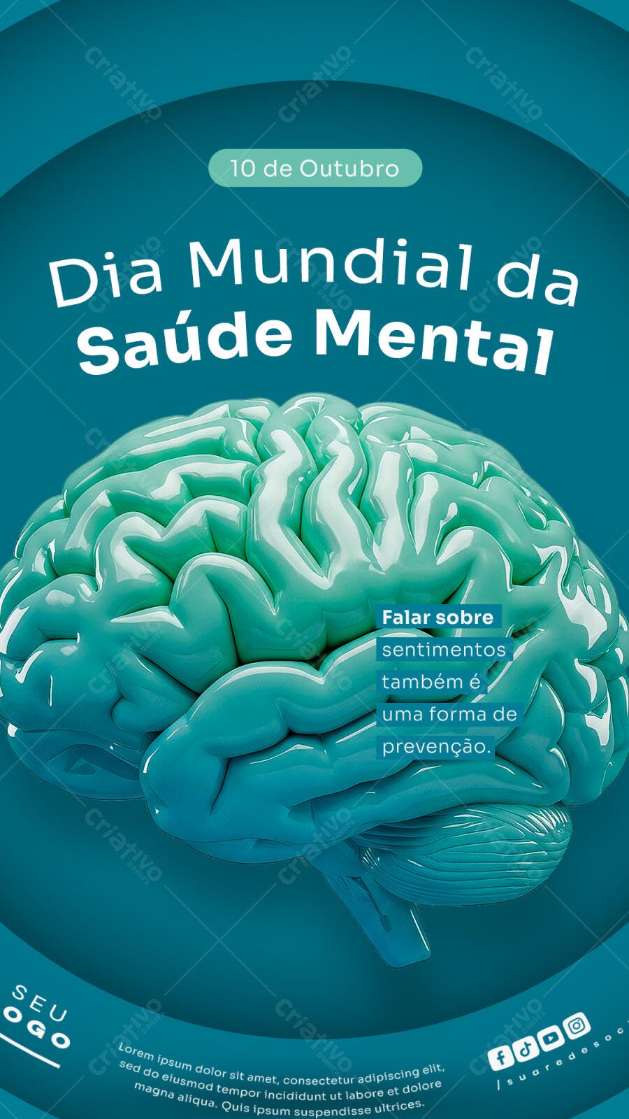 Flyer Dia Mundial da Saúde Mental com Cérebro 3D PSD Editável