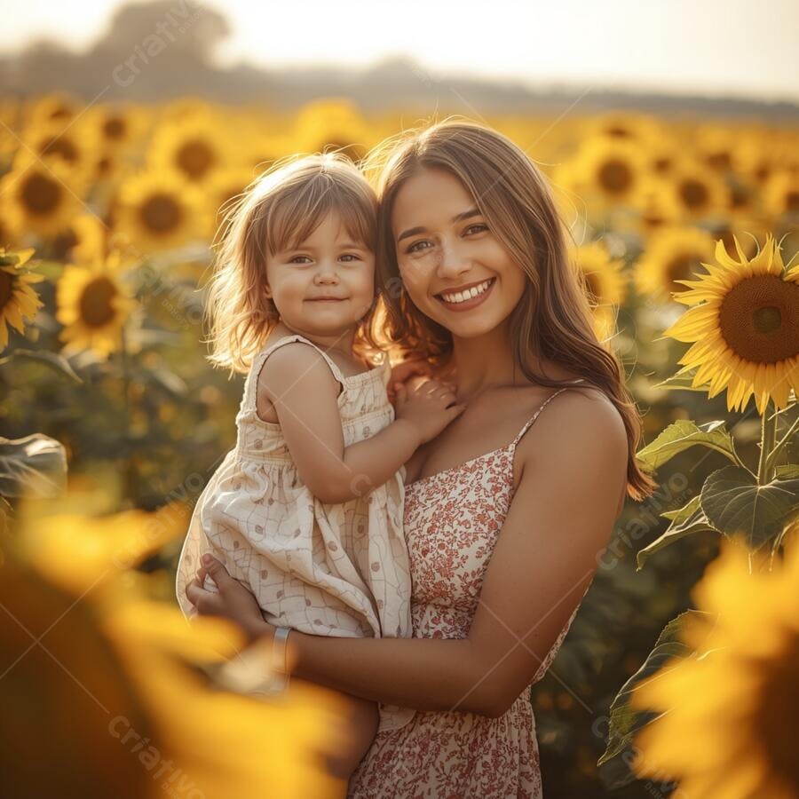 Mãe jovem e filha sorrindo em campo vibrante de girassóis sob sol dourado