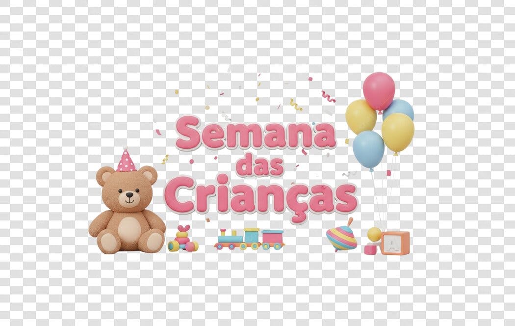 Elemento Gráfico 3D Feliz Semana das Crianças Ursinho e Brinquedos PNG com fundo transparente