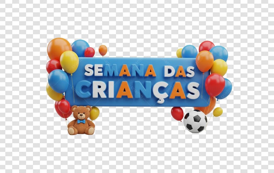 Título 3D Semana das Crianças azul laranja balões urso bola PNG com fundo transparente