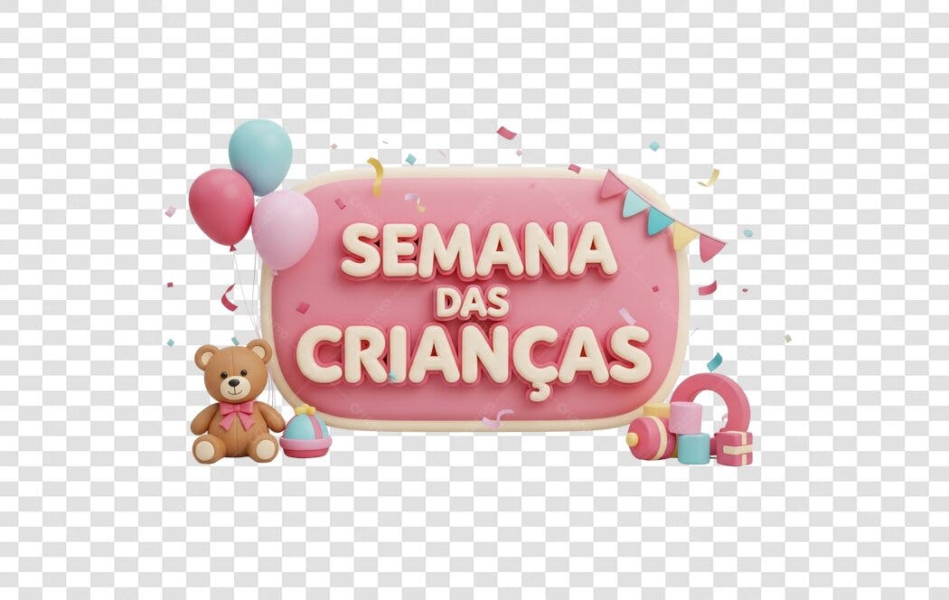 Banner Semana das Crianças rosa 3D com urso e balões PNG com fundo transparente