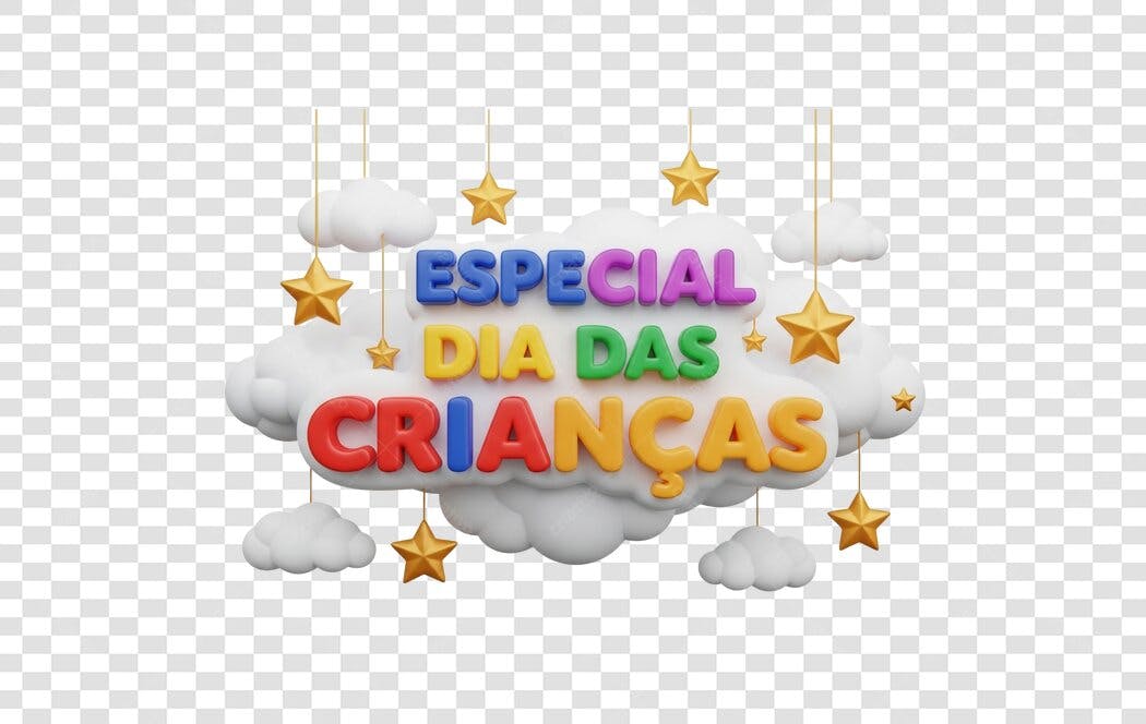 Elemento Gráfico 3D Especial Dia das Crianças com nuvens e estrelas PNG com fundo transparente