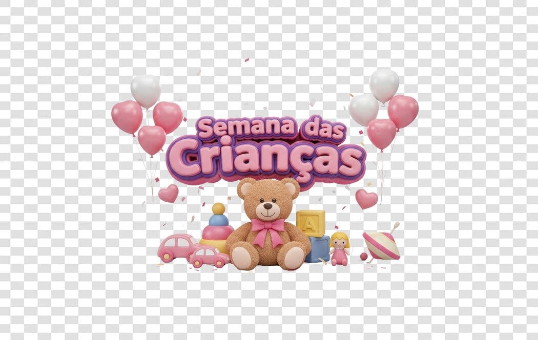 Elemento Gráfico 3D Semana das Crianças Balões Urso de Pelúcia Rosa e Branco PNG com fundo transparente