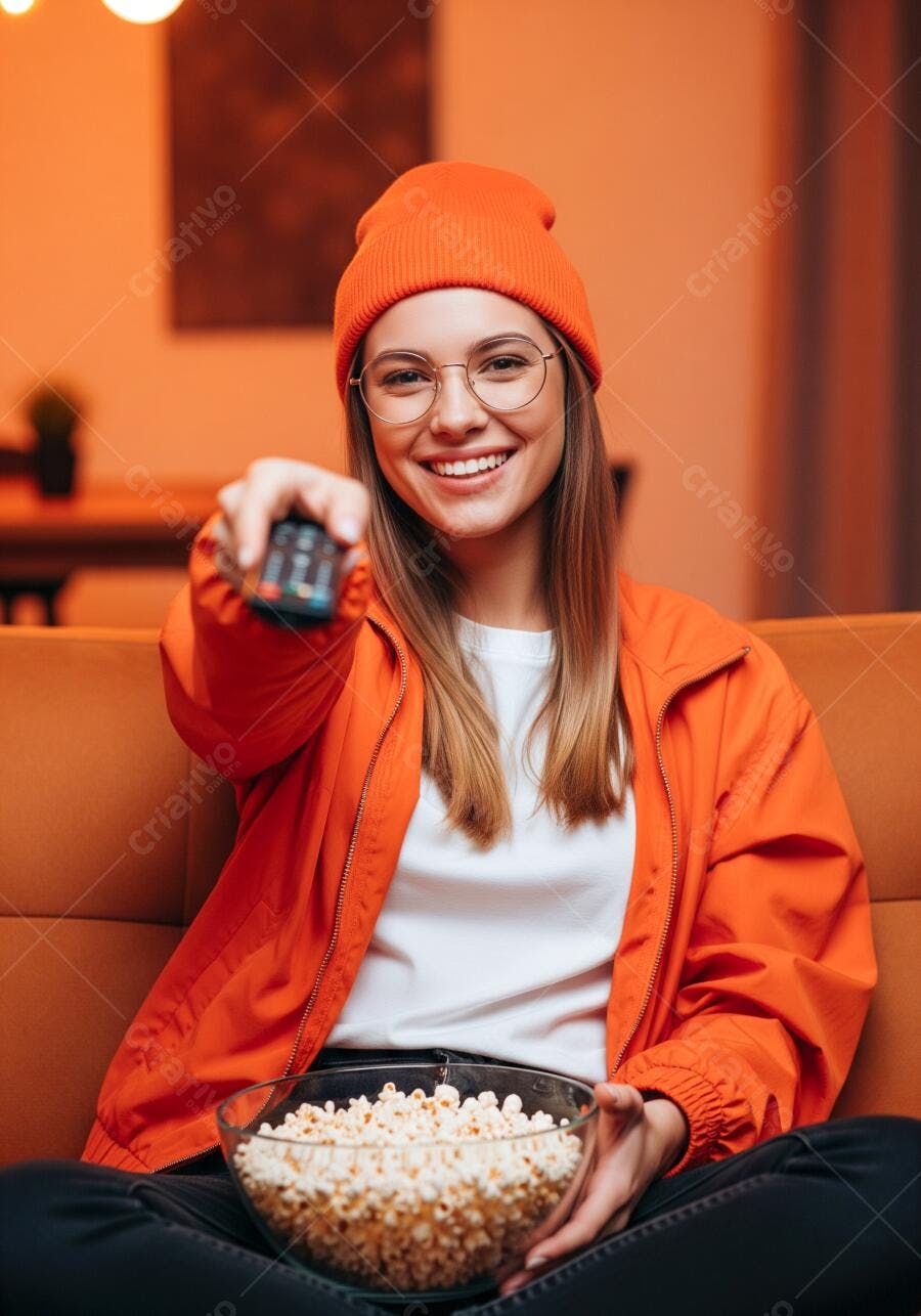 Jovem mulher caucasiana sorrindo com gorro laranja assistindo TV e comendo pipoca em casa