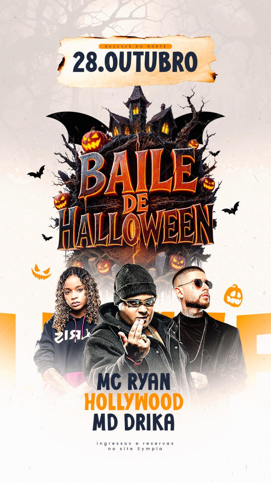 Flyer Baile de Halloween com MC Ryan, Hollywood e MD Drika PSD Editável