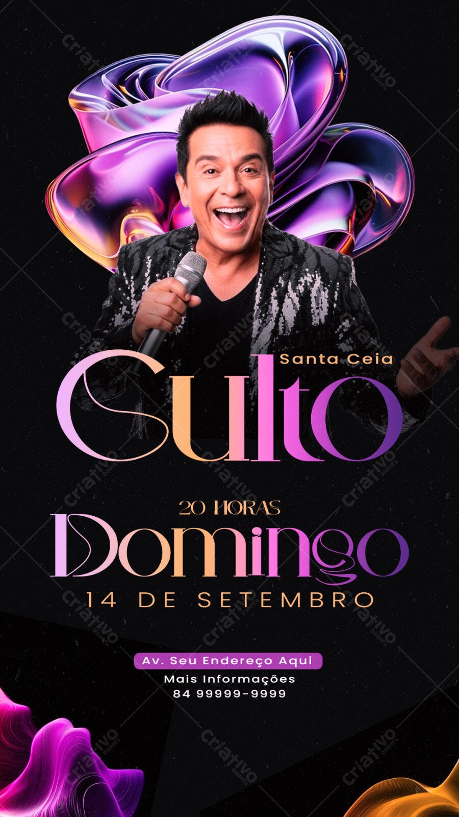 Flyer Culto Santa Ceia com Cantor e Formas Abstratas PSD Editável