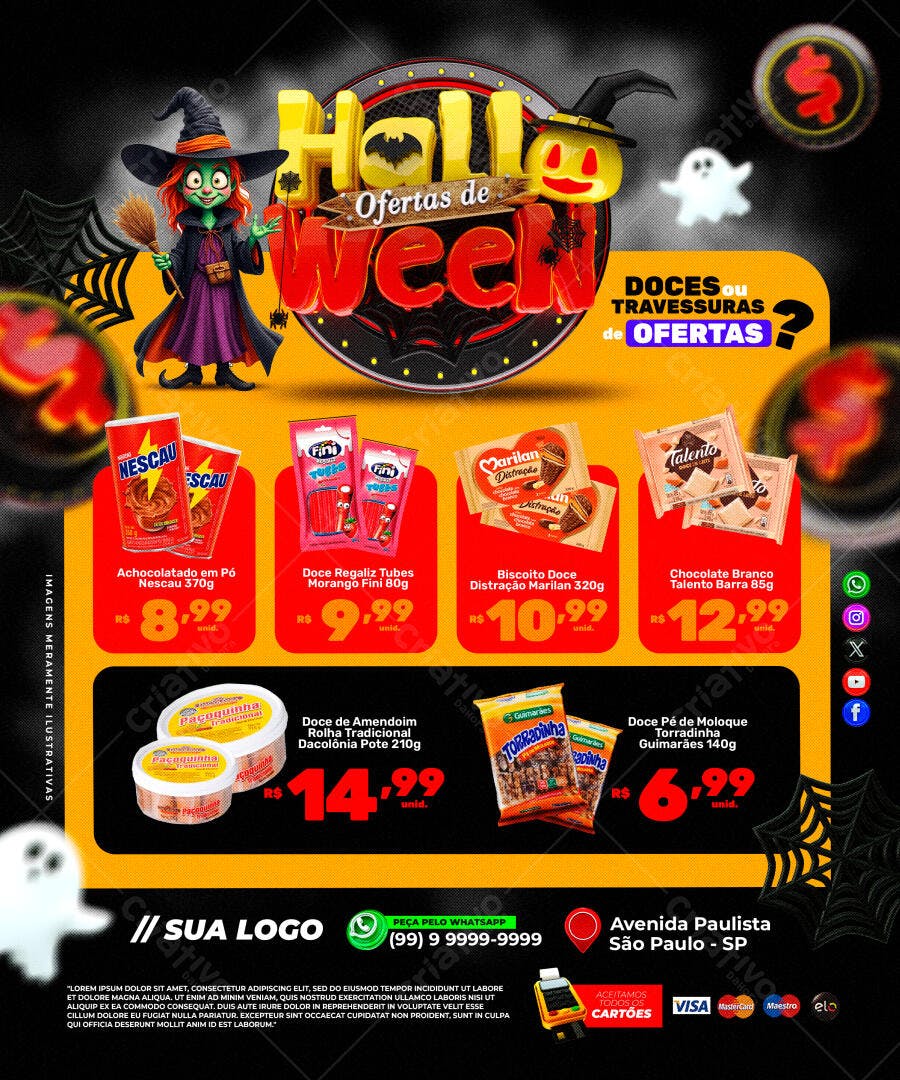 Flyer de Ofertas Week Halloween com Bruxa Abóbora e Doces Psd Editável