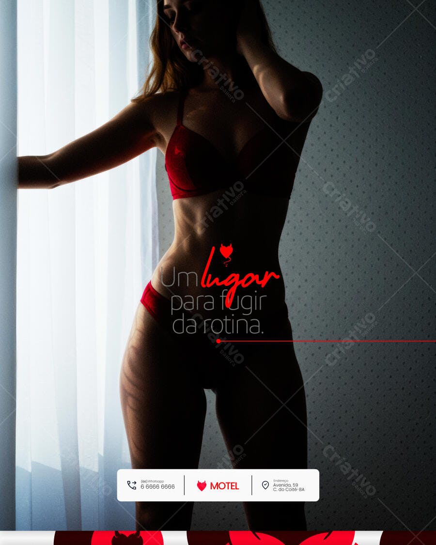 Flyer Mulher Lingerie Vermelha para Motel Um Lugar para Fugir da Rotina Psd Editável