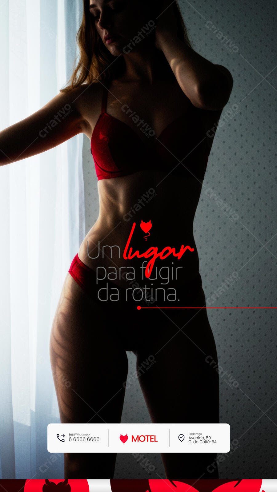Flyer sensual para motel com mulher de lingerie vermelha PSD Editável
