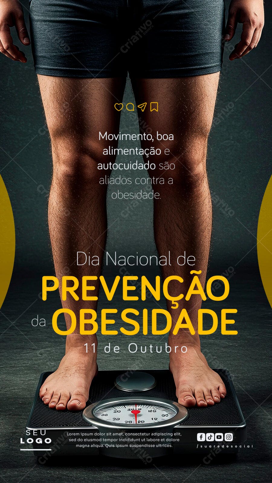 Flyer Digital Prevenção Obesidade Outubro com Pessoa em Balança PSD Editável