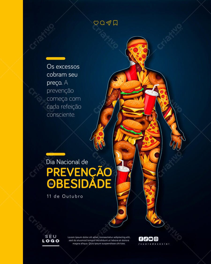 Flyer Prevenção Obesidade Corpo com Junk Food Psd Editável