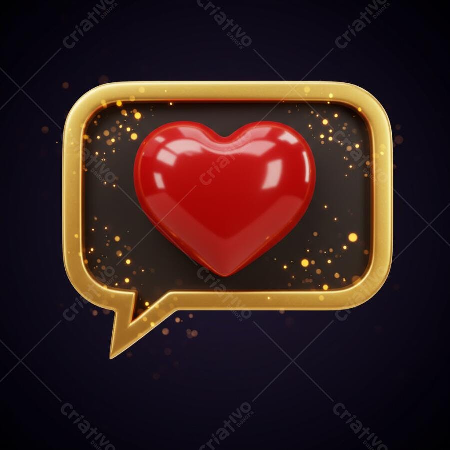 Coração vermelho brilhante em bolha dourada de chat digital like e amor