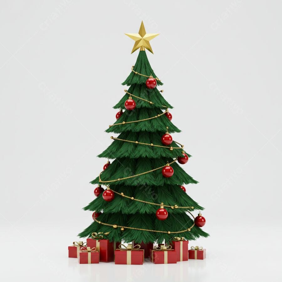 Árvore de Natal verde decorada com globos vermelhos e presentes em fundo branco