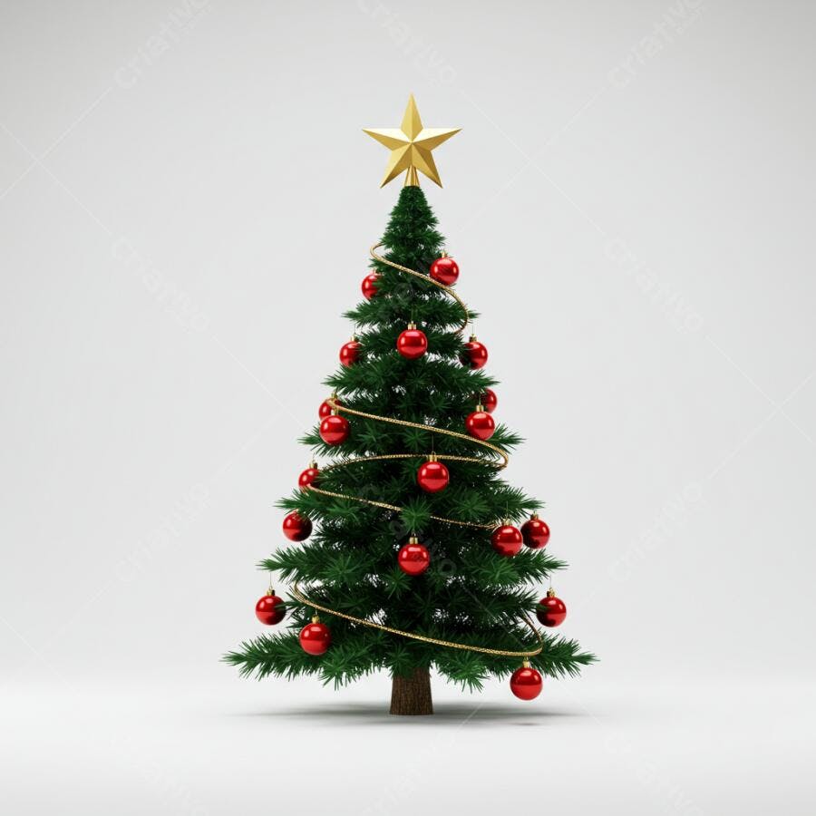 Árvore de Natal decorada com bolas vermelhas e estrela dourada em fundo branco
