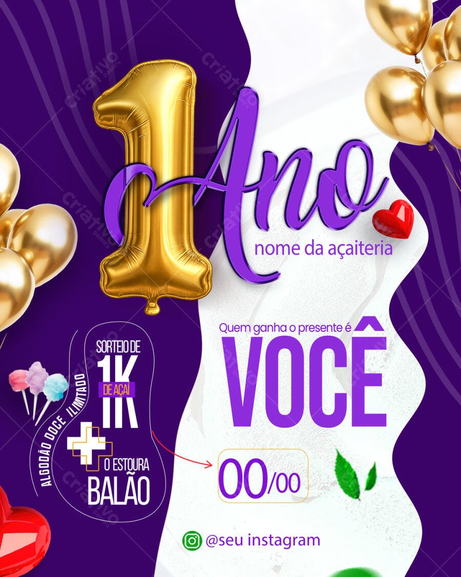 Flyer Aniversário 1 Ano Açaiteria Sorteio PSD Editável