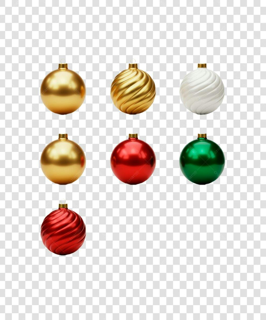 Ornamentos Bolas de Natal Douradas Vermelhas Verdes Brancas PNG com fundo transparente