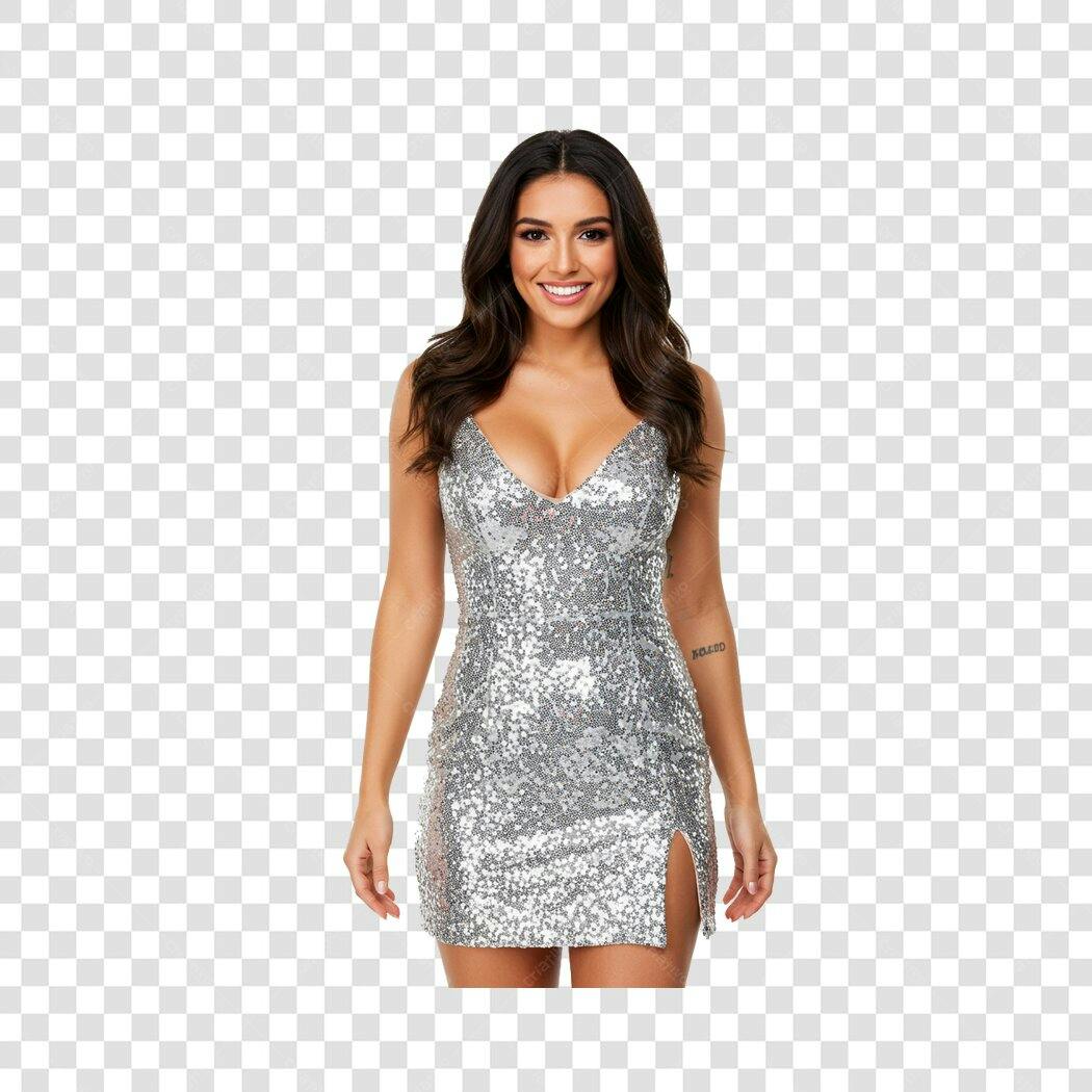 Modelo mulher latina jovem com vestido prata de lantejoulas para festa PNG com fundo transparente