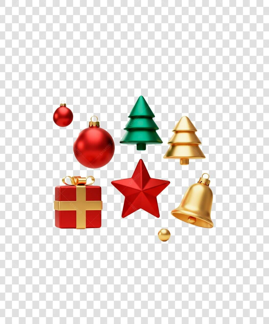 Elementos de Natal 3D brilhantes vermelho verde dourado PNG com fundo transparente