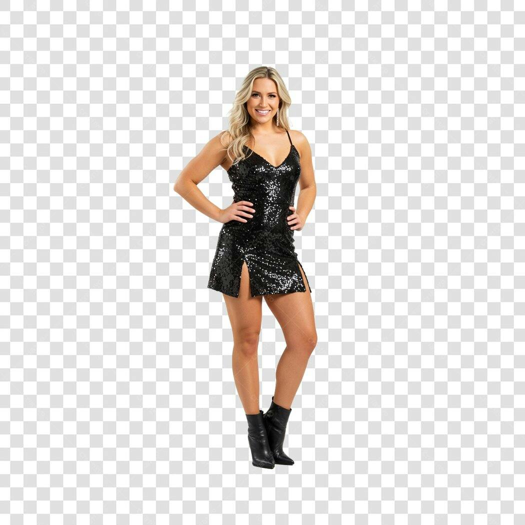 Glamour Modelo Feminina Loira Vestido Preto Lantejoulas Festa Celebração PNG com fundo transparente