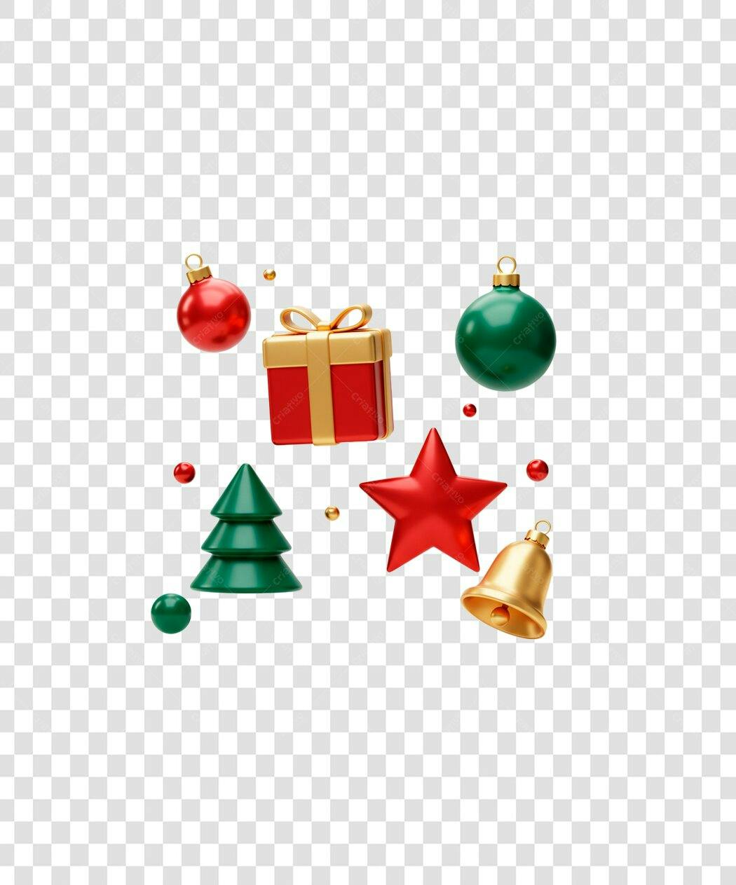 Elementos Festivos de Natal 3D Vermelho Verde Dourado PNG com fundo transparente