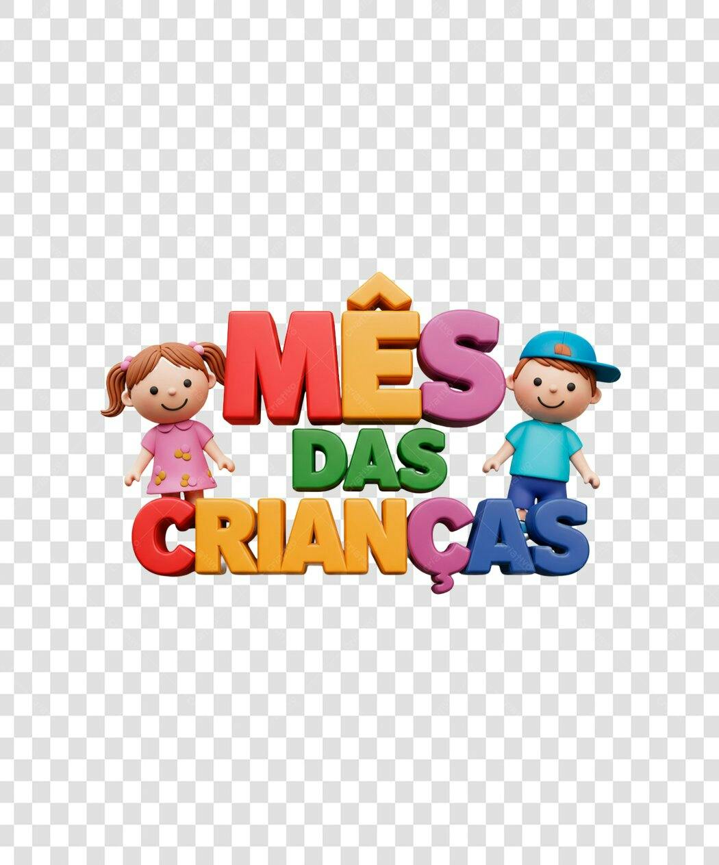 Gráfico 3D Mês das Crianças Outubro com Menina e Menino PNG com fundo transparente