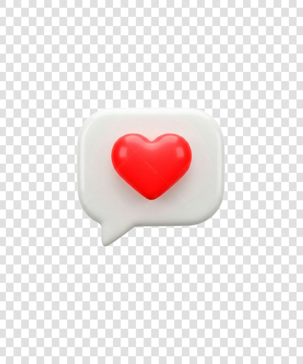 Icone Curtida Coração 3D Balão de Mensagem Notificação Redes Sociais PNG com fundo transparente