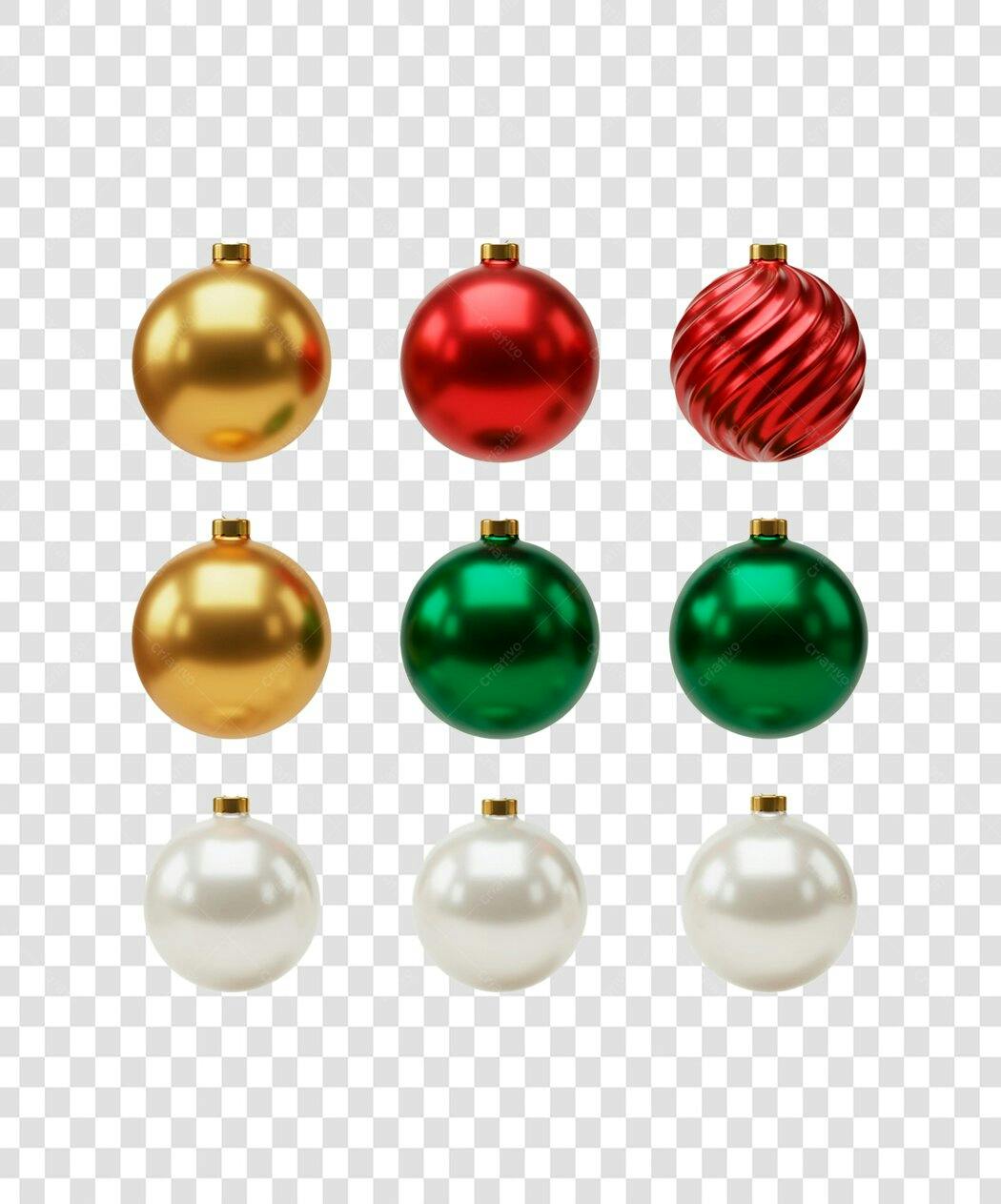 Bolas de Natal Douradas Vermelhas Verdes Peroladas PNG com fundo transparente