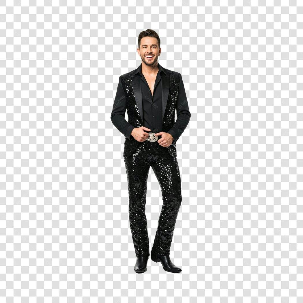 Elemento Gráfico Homem Sorrindo Terno Lantejoulas Preto para Festa Elegante PNG com Fundo Transparente