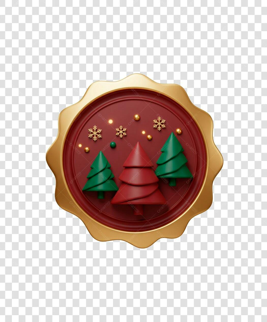 Selo de Natal 3D dourado e vermelho com árvores e flocos PNG com fundo transparente