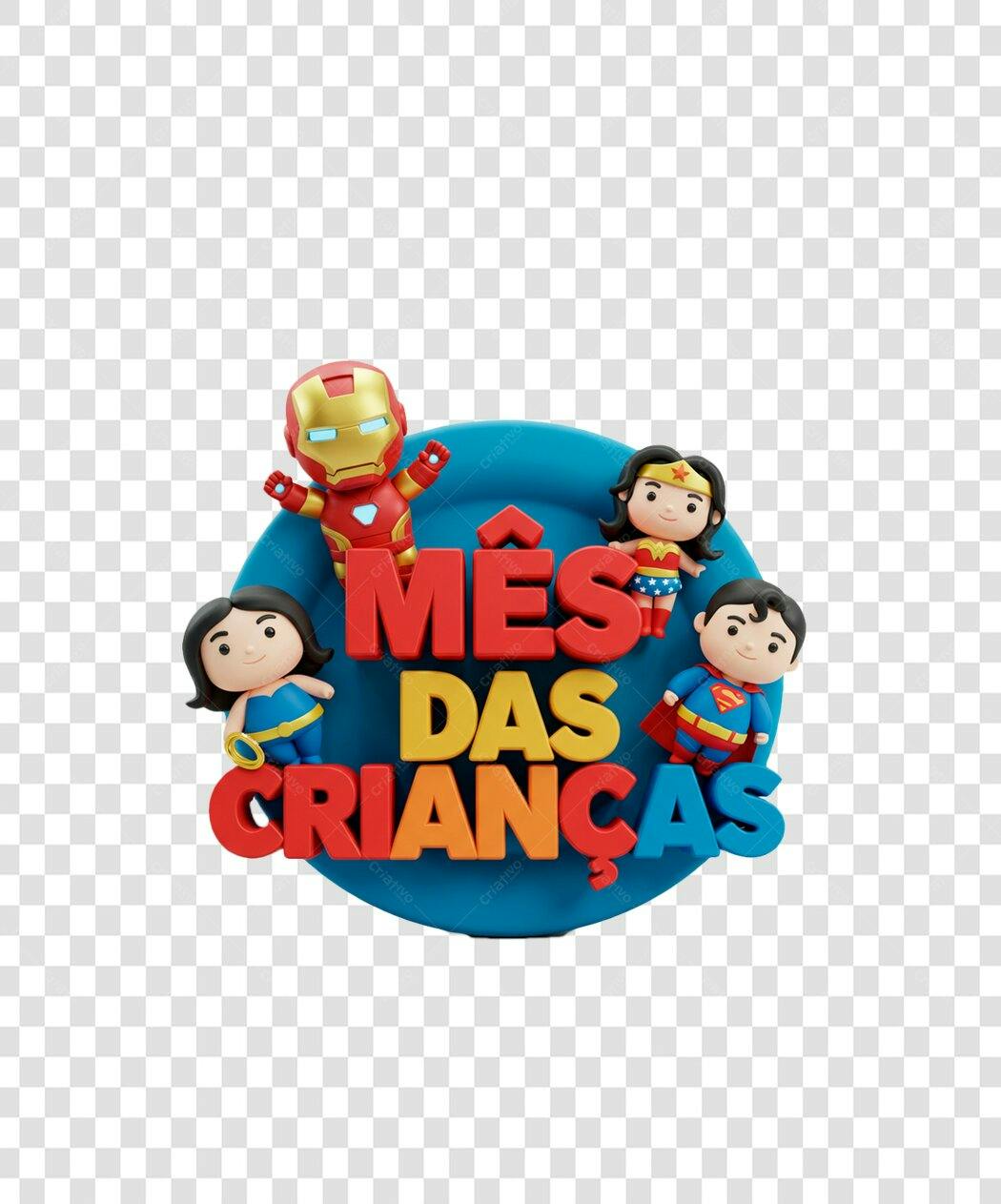 Arte para Post Mês das Crianças com super-heróis em 3D PNG com fundo transparente