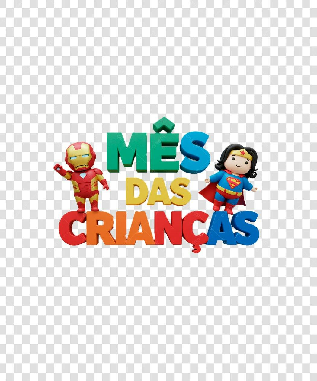 Social Media Mês das Crianças Outubro super-heróis 3D colorido PNG com fundo transparente